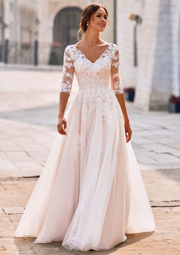 A-Line/Princess Scoop Neck Court Train Lace Wedding Dress With Beaded -  Wedding Dresses - Stacees
