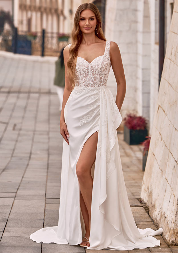 Gorgeous Lace Appliqued Sheer Corset High Slit Wedding Dress with Cascading  Ruffles S3168W - Wedding Dresses - Stacees