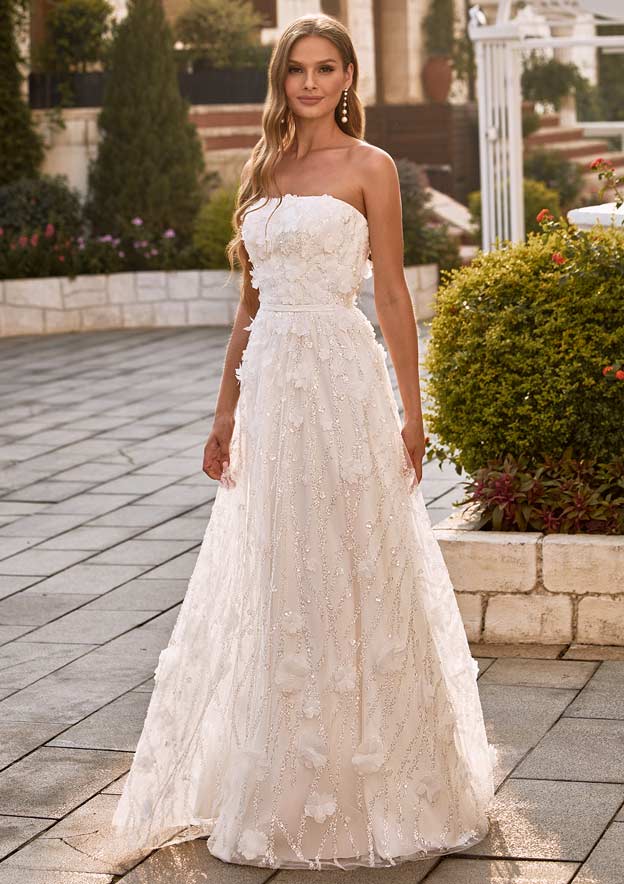 Sparkly Sequined Tulle Strapless Bridal Gown with Flowers and Sash