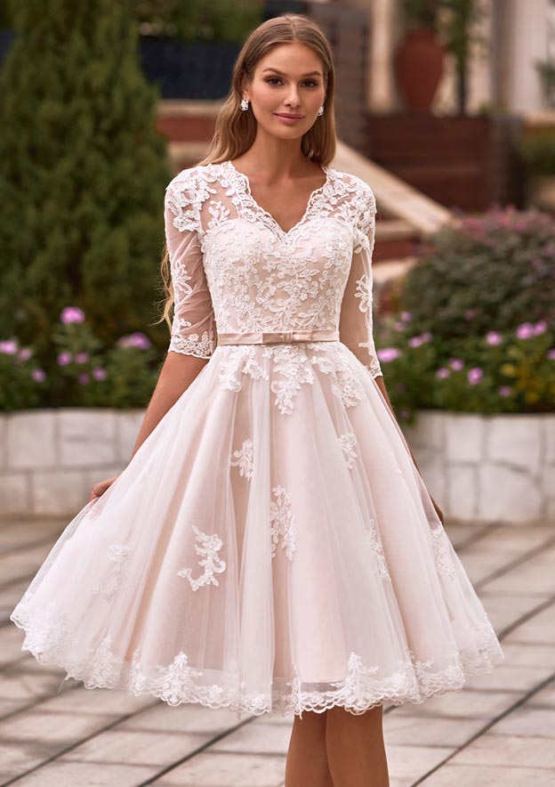Stacees 2026 A-line V Neck Lace Knee-Length Wedding Dress with Pleated Sashes