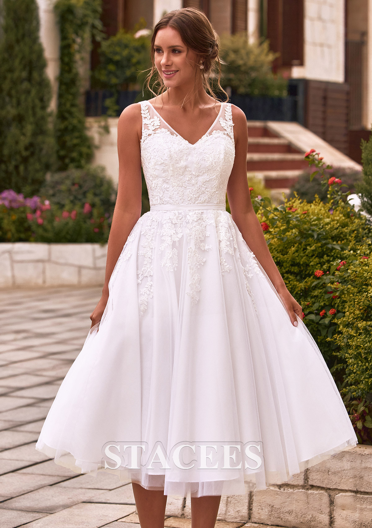 Vestido línea a escote en v tul hasta la tibia vestido de novia