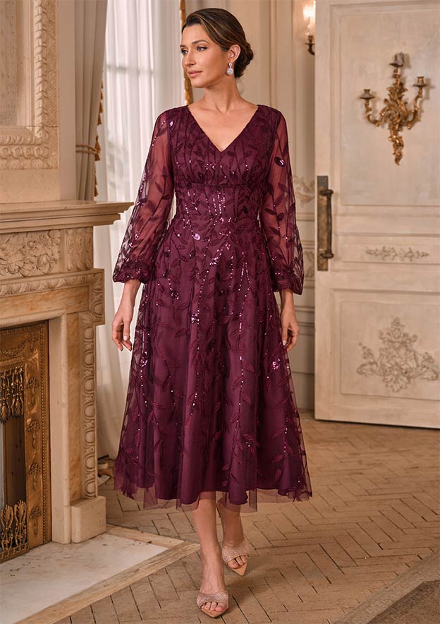 burgundy mother of the bride dress tea length A-line Sequin Embroidered Tea-Length Mother of the Bride Dress with Sleeves  S5056M - Mother of the Bride Dresses