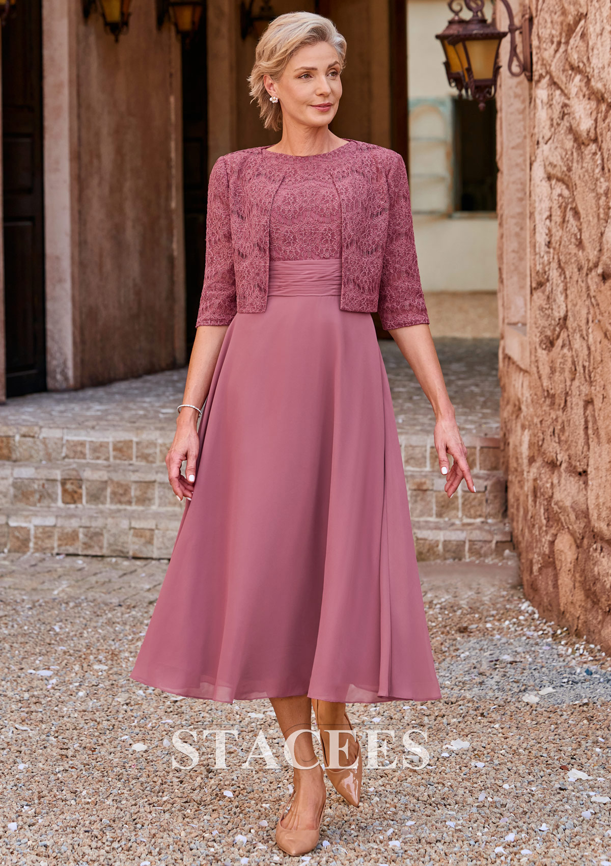 chiffon dress with lace jacket Two-Piece Lace Jacket Chiffon Mother of Bride Dress