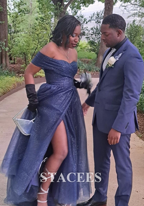 a-line off-the-shoulder sweep train chiffon prom dresses with lace sequins BABARONI Black Prom Dress with Off the Shoulder Tiered Skirt and Slit