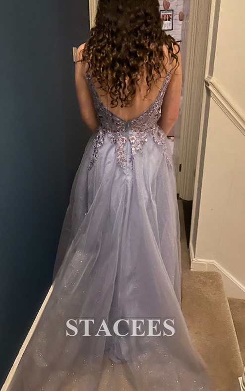 A-line Square Neckline Sleeveless Sweep Train Tulle Prom