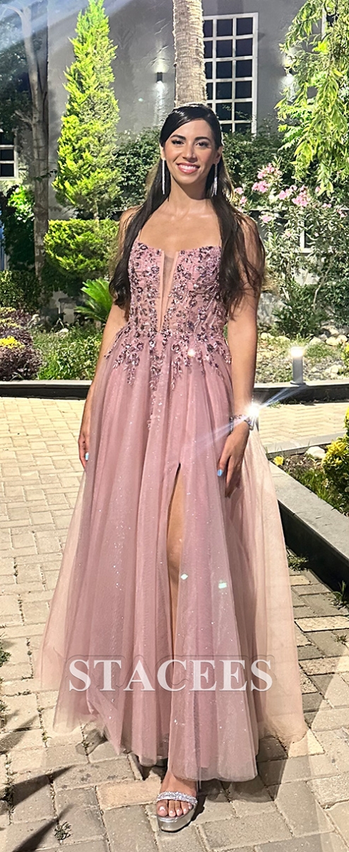 A-line Square Neckline Sleeveless Sweep Train Tulle Prom