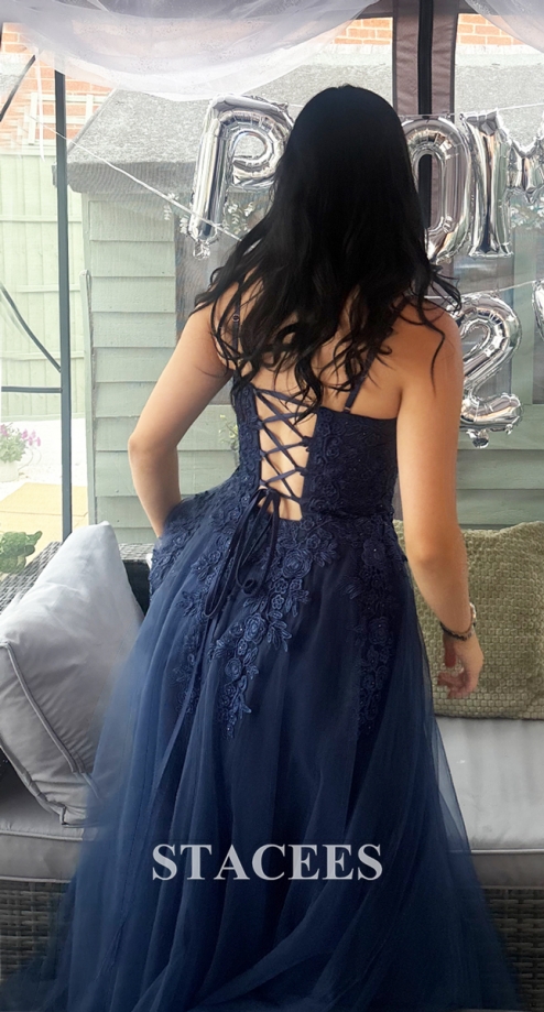 navy blue dress for baby girl High End Navy Blue Handmade Beading Rhinestone Prom Dresses 2023 A Line  Princess Strapless Sleeveless Backless Sweep Train Prom Formal Dresses