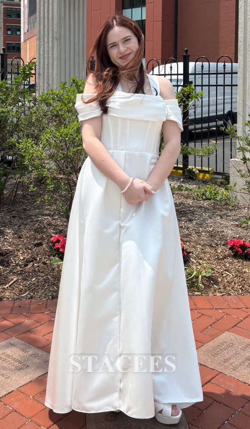 Classic A-line Off-Shoulder High-end Satin Chapel Train Wedding Dress with  Pleats Slit S3023W - Wedding Dresses - Stacees