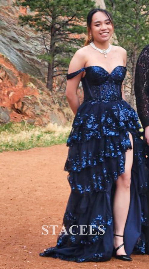 A-line Off-the-Shoulder Sleeveless Sweep Train Tulle Prom Dress with  Ruffles Sequins Split S7684P - Prom Dresses - Stacees