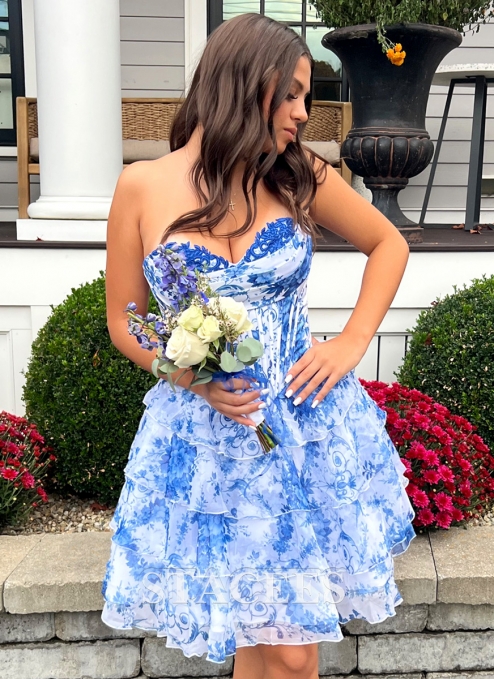 A-line Cowl Neck Pink Floral Print Strapless Ruffle Corset Homecoming Dress  S8696HJ - Homecoming Dresses - Stacees