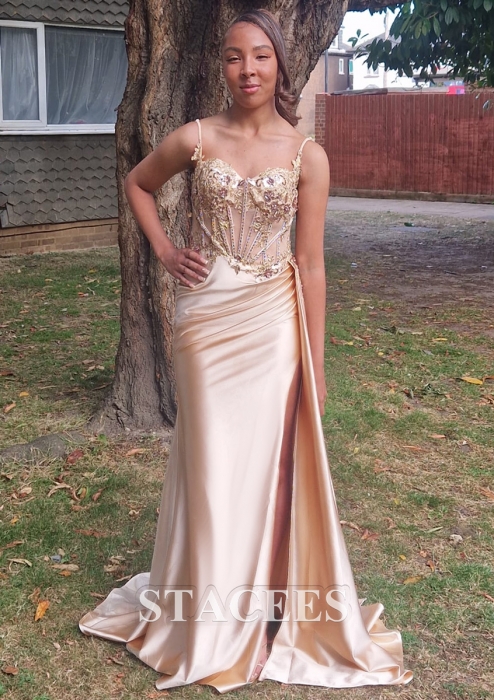 strapless open back dress Long Beaded Prom Dress with Sheer Side Cut Outs