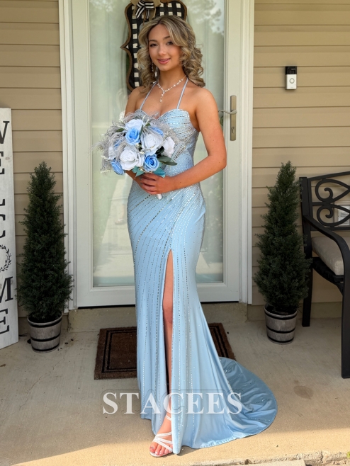 Sparkly Fitted Strapless Hotfix Prom Dress with Sweetheart High Slit S9039P  - Prom Dresses - Stacees