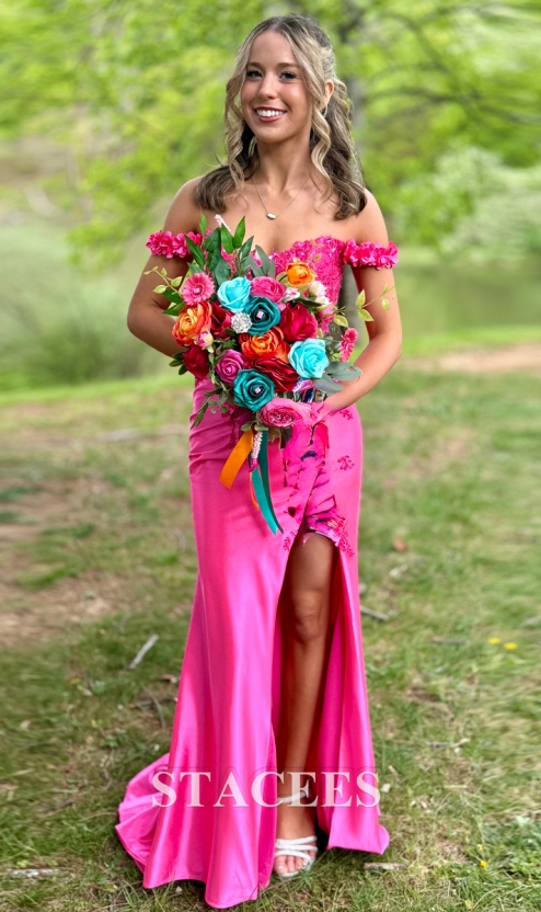 mermaid off the shoulder floral corset fitted slit prom dress Terani Couture 261P6624 Mermaid Long Formal 3D Floral Slit Prom Dress main image 1